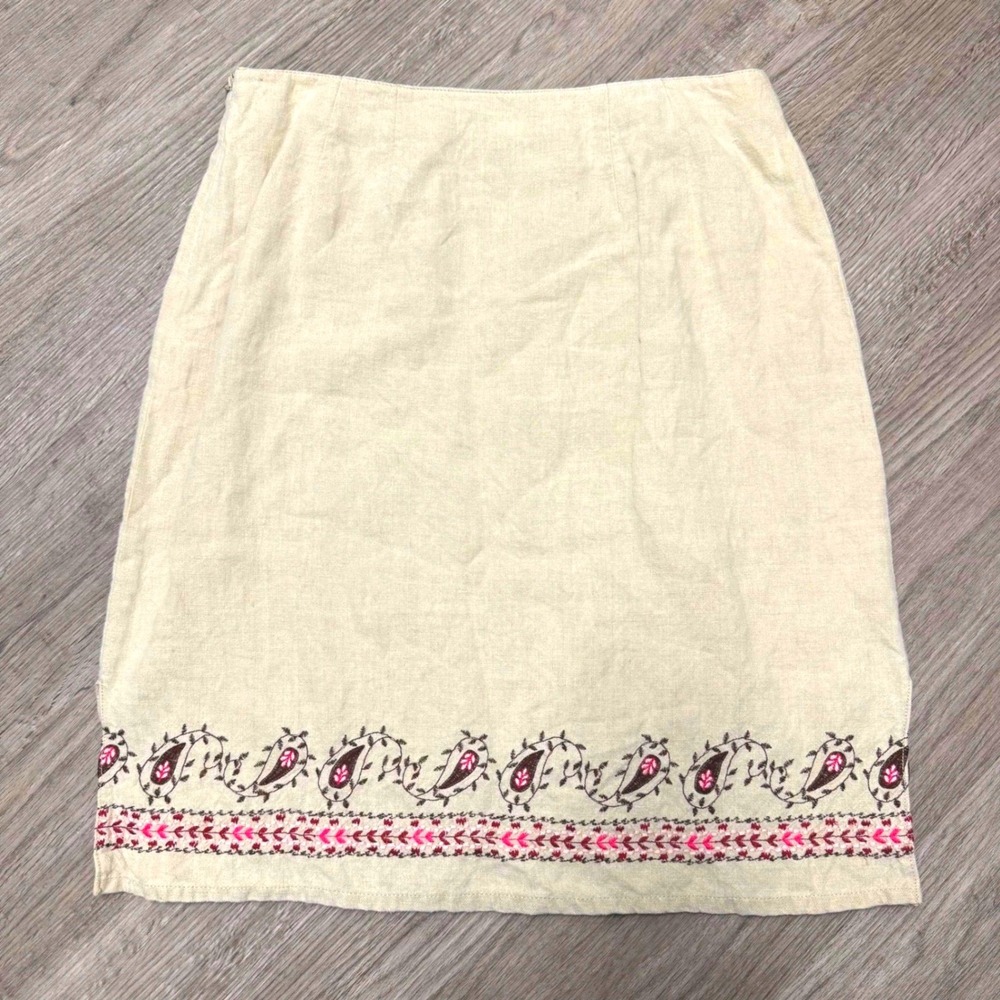 Ann Taylor Petites Linen Skirt 12P Beige Embroidered Paisley Border A-Line Midi